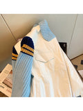 Knitted Contrat Color Patchwork Jacket Women 2023 Spring New Outwear Tops Korean Turn-down Collar Fashion