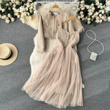 Fongt And Winter Small Fragrant Style Set Of Women's Short Cardigan Coat + Sling Net Yarn Dress Two Sets