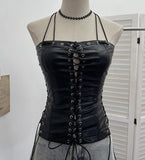 Fongt Babes Hollow Strapped Braped Pu Skin Top Female Tight Sexy Short Hanging Neck Vest 2765