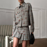 Fongt Plaid-Print Set Shirt-Style Jacket With Hundreds Of Folded Skirt Autumn And Winter Crumuml Flower Design Sweet Retro Woman
