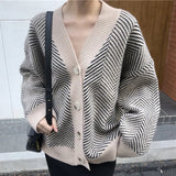 2021 Women's Knitwear Winter Spring Striped V-Neck Cardigans Buttons Oversize Korean Style Lady Sweaters Tops