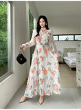 Fongt 2025 New Long-Sleeved Heavyweight Bow Long Print Chiffon Sweet Dress Seaside Holiday