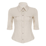 Fongt Waste Wind Single Buckle Shirt Women Retro Waist Thin Set New Double Pocket Sleeve Top
