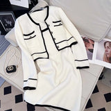 Fashion Knitted Women Pocket Buttons Sweater Cardigan + Spaghetti Strap Dress Sets Autumn Small Fragrance Two Piece