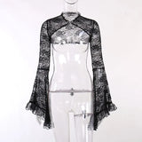 Dark Lace Mall Gothic See Through Shrug Tops Grunge Aesthetic Black Flare Sleeve Crop Top Women Vintage Punk Sexy Alt