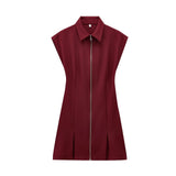 Fongt Zipper Wide-Fold Short Dress 2025 Summer Temperament Casual Sleeveless A-Word Miniskirt