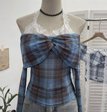 Fongt Hanging Neck Shoulder Mesh Yarn Long-Sleeved Top Design Y2k Short Repair T-Shirt 8070