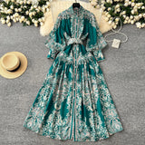 Fongt Style Dress Women's Spring Court Collar Lantern Sleeves To Close The Waist Single Buckle Printing Folded Long Skirt