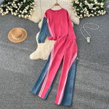 Fongt Version Of The Casual Sports Suit Women's Autumn Design Feeling Loose Collar Collar High-Waisted Denim Splicing Trousers