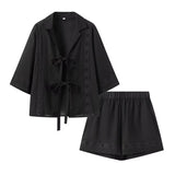 Fongt Summer New Fashion Collar Long-Sleeved Shirt + High Waist Hollow Shorts Women 1932