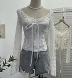 Fongt Shooting Merard Wind Strapted Bow Splicing Lace Pure Desire Blouse Folding Body Short Blouse 6015