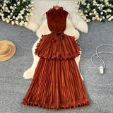 Fongt Luxury High-End Feeling Sleeveless Dress Women's Summer Lotus Leaves Side Waist Temperament Niche Chic Beautiful Long Dress