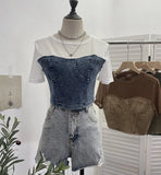 Fongt Summer Denim Splicing Mesh Yarn Short-Sleeved T-Shirt Design Fake Two Hot Girl Short Top 26231