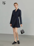Notched Regular Full Sleeve Dress Elastic Waist Knee-Length Asymmetrical Dress Solid Office Lady Spring New