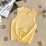 Fongt Chic Summer French Niche Polo Collar Sleeveless Knitted Top Girl Slime With Solid Color Vest