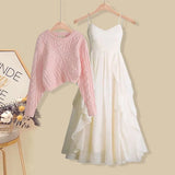 Women Spring dresses Two Pieces Sets Korean Long Sleeve Pullover Knitted Sweater And Ruffles Patchwork Mesh Dress