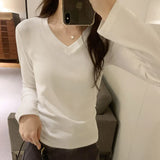 Style Ins Solid Color V-Collar Long-Sleeved Bottomed T-Shirt For Women In Autumn And