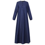 Women Long Sleeve Solid Maxi Sundress Vintage Autumn Denim Blue Dress Casual Buttons Kaftan Vestido Muslim Dress