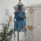 Fongt Neck Lotus Leaf Side Ribbon Print Between The Draw Folded Lace With Bareback Bow Dress 22070