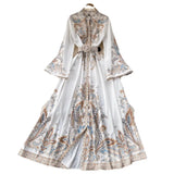 Fongt And Autumn Retro Collar Horn Sleeve Print Dress Women In Court Style Over The Long Skirt