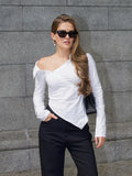 Fongt Autumn Irregularly Exposed Shoulder Buckle Shirt Female Pure Desire To Slim Slim Personality Design Fashion Top
