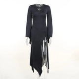 Dark Mall Gothic Cut Out High Split Sexy Long Dresses Women Grunge Bodycon Solid Black Midi Dress Punk Long Sleeve