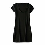 New Large U-Necked Dress Summer Solid Color Leisure Basic Medium-Long Short-Sleeved T-Shirt Skirt-Outfit
