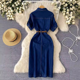 Fongt Luxury Famous Feudal High-Level Feeling Polo Collar Denim Dress Women Summer Fork Belt Design Niche Temperament Dress