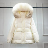 Women's Down Jacket Winter Big Real Raccoon Fur Hooded 90% Duck Down Puffer Sashes Coat Female Thick Waterproof