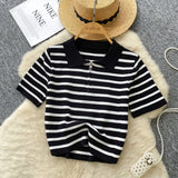 Fongt Knitted Women 2025 Summer South Korea Ins New Trendy Sleek Striped T-Shirt Women's Tops