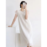 Fongt Folded Summer Women's Light Luxury Simple Folds High-End Net Yarn Two-Sleeve Dress