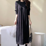 New 2021 Autumn Winter Women Dresses Knitted Vintage Elegant Split Straight Korean Solid Lady Long Dresses