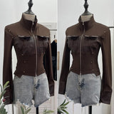 Fongt Modern Zipper Collar Spliced Pu Leather Shirt Babes Short Jacket Coat Fur Coat 1365