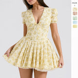 Fongt French Sweet Mashed Flower Bubble Sleeve Dress Summer Ballet Dopamine Wearing Waist Babes A Skirt