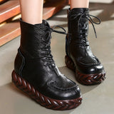 New Vintage Mother Flat Genuine Leather Ankle Boot for Women Cowhide Lace-Up Winter Warm Shoes Woman Platform Snow