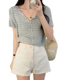 Row Hollow T-Shirt Women's Summer New Cardigan Short Leisure Thin Solid Color Temperament Short-Sleeved Top