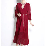 Fongt Luxury Famous Dress Women Spring Diamond Seven-Sleeve Mesh Splicing Design Chic Temperament Dress