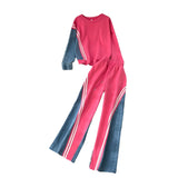 Fongt Version Of The Casual Sports Suit Women's Autumn Design Feeling Loose Collar Collar High-Waisted Denim Splicing Trousers