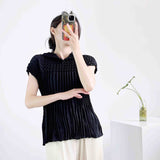 Fongt Folded Summer New High-End Pure Color Temperament Elegant Collar Short Sleeve Blouse Hand Folding Top