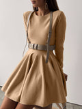 Fongt Round Collar Waist Knitted Dress Women's High-End Ins Windy Folded Sweater Dress