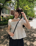 New Drawstring Bow Shirts & Blouses Square Collar Blusas Short Sleeve Camisas Loose Hem Ropa Mujer Summer Halter Tops-Outfit