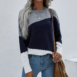 Color Matching Spring Women O Neck Sweater Elegant Long Sleeve Office Lady Loose Pullover Top Casual Femme Knitting