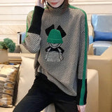 Cartoon Zigzag Printed Autumn Winter Pile Collar Tops Female Clothing Spliced Three-dimensional Decoration Pullovers-Outfit