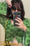 Floral Print Green T-shirt Y2K Aesthetics Mesh Buttons Flare Sleeve Crop Tops 90s Women Vintage Clothes Summer