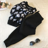 Fashion Printing Knitted 2 Peice Set Women Autumn Long Sleeve Pullover Sweater + Harem Pants Suit Black Ankle-Length