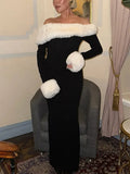 Off-shoulder Black Fur Trim Long Sleeve Maxi Bodycon Dress-Outfit