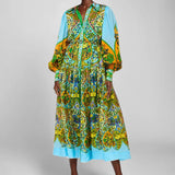 Fongt Women's Retro Printed Lantern Sleeves Waist Swing Dress
