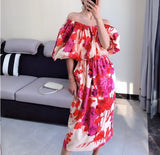 design style slash neck printing temperament slimming bubble sleeve sexy dresses famale 2021 high street
