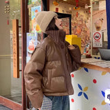 Knit High Collar Splicing Down Jacket Women's Short 2024 Winter Fashion PU Fabric With Thick Bread Coat-Outfit