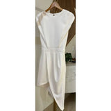 Fongt 2023 New Solid Color Round Collar Sleeveless Design Feeling Backless Dress Women-Outfit